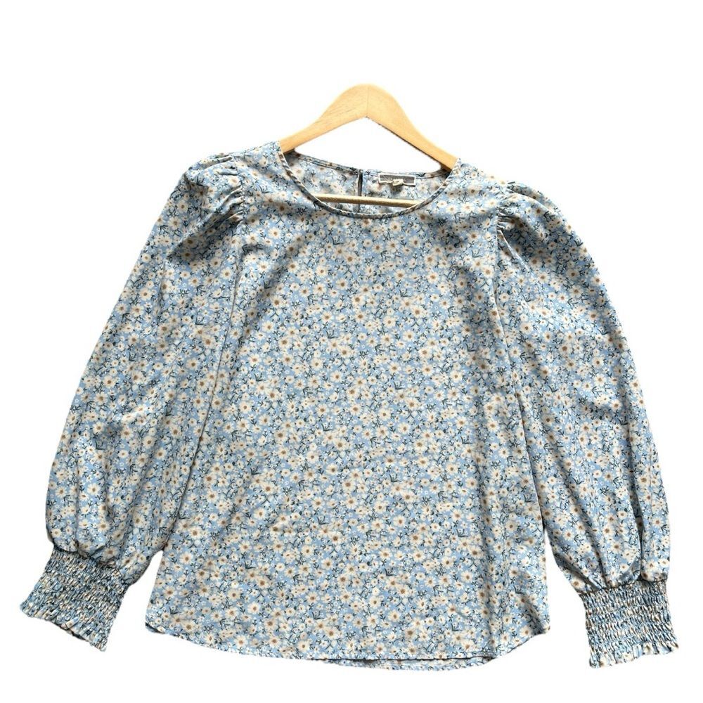 Pleione Long-Sleeve Blue White Ditzy Floral Top Women’s Large Modest Boho Chic